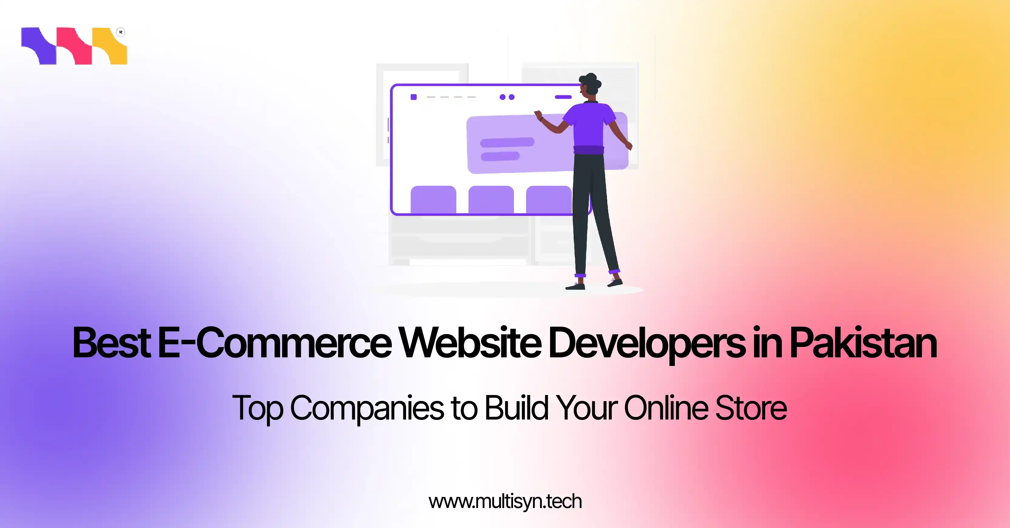 Illustration of a developer building an e-commerce website, representing top e-commerce website development companies in Pakistan.